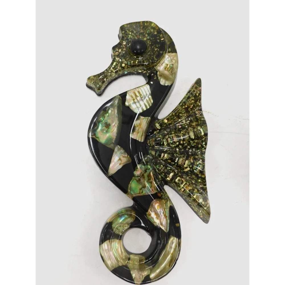 Bettys Shells Abalone Seahorse Wall Hanging Black Resin Coastal Decor DW752
